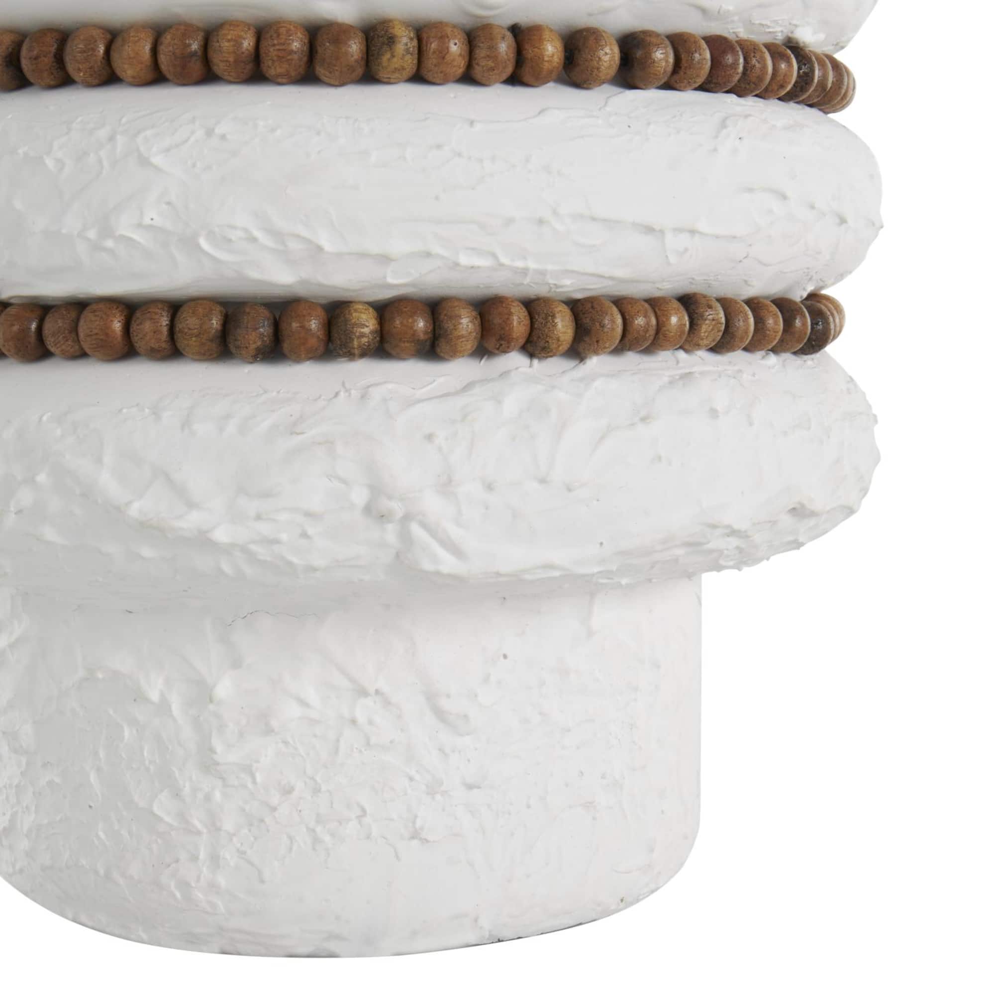 White Glass Textured Decorative Vase with Brown Wood Beaded Stripes Set